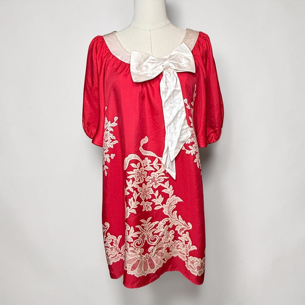 Voom 100% Silk Shift Mini Dress by Joy Han Pinup Balloon Sleeve Red Floral Small